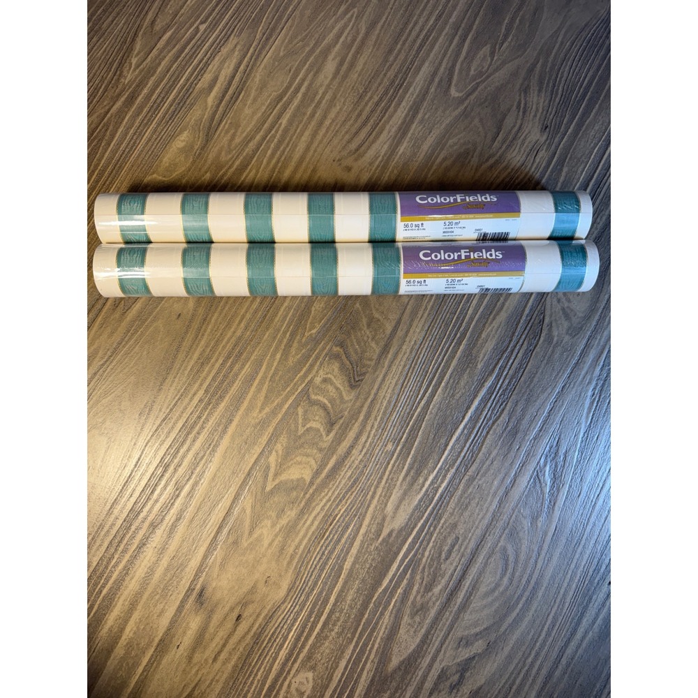 VTG Sunworthy Wallpaper Home 2 Rolls Teal New Striped Vinyl WS5104 Gold‎ Trim